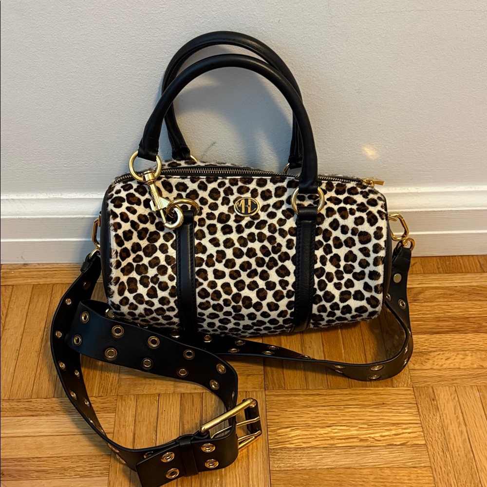 Michael Kors Collection Leopard Print Satchel with Black and Gold Accents
